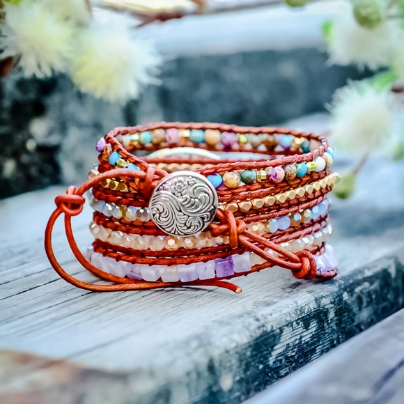 Colorful Sea Sediment Jasper Leather Handmade Bracelet - Picture 6 of 7